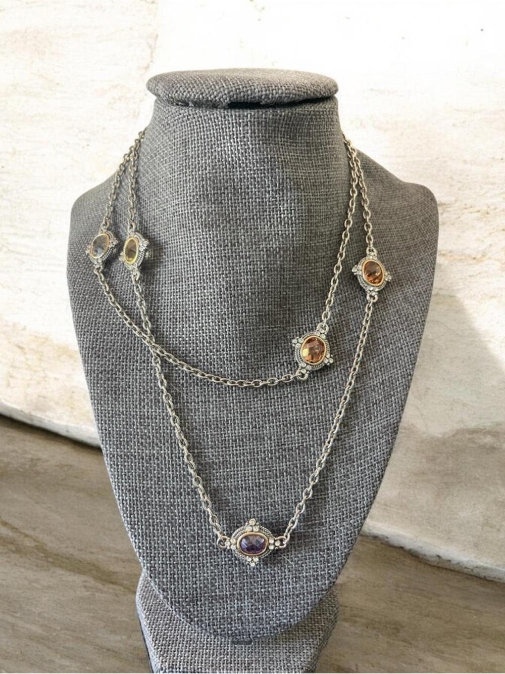Silver Multi-Stone Layered Necklace - Purple and Amber